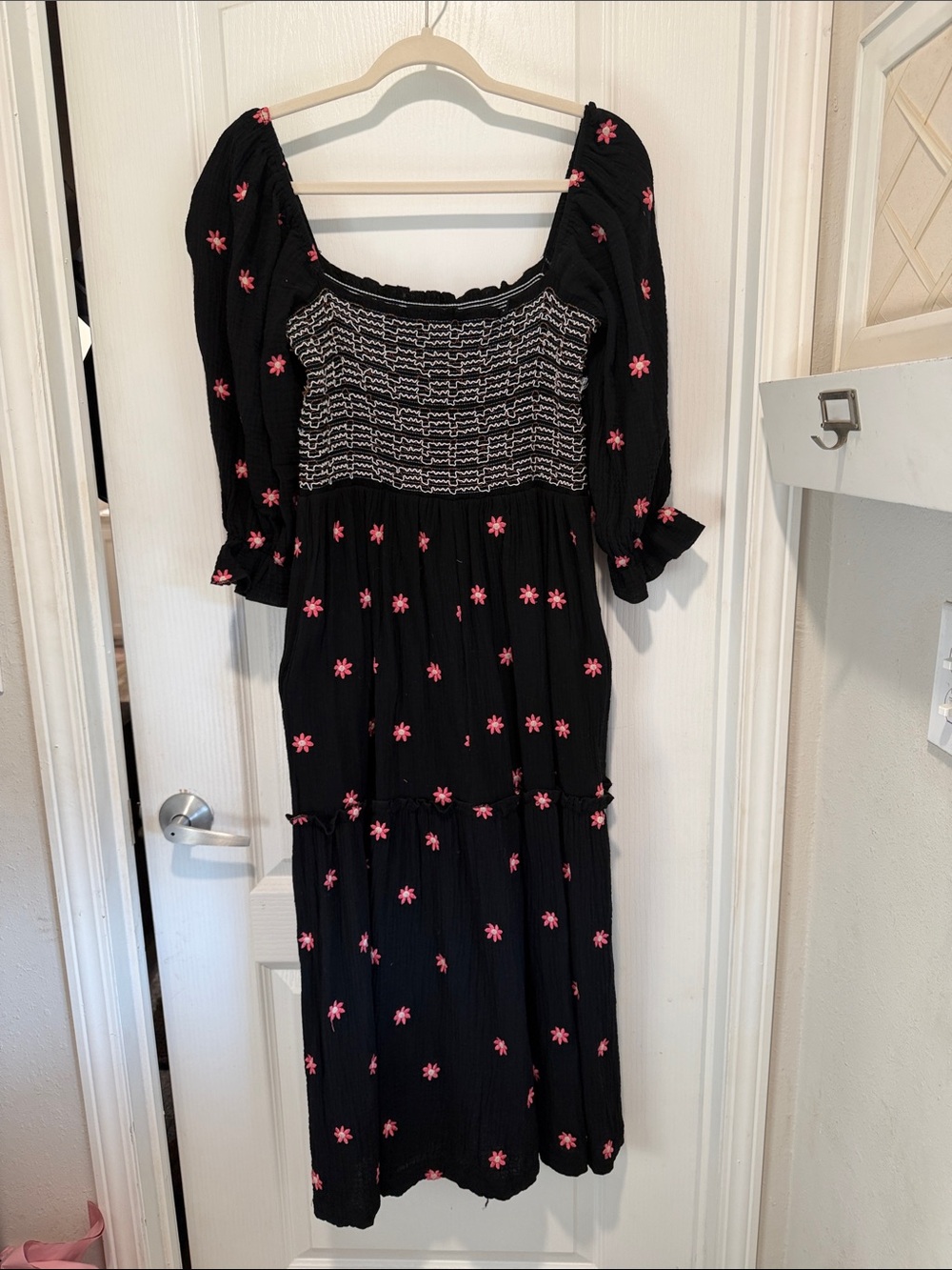 Black Midi Dress with Pink Floral Embroidered Accent